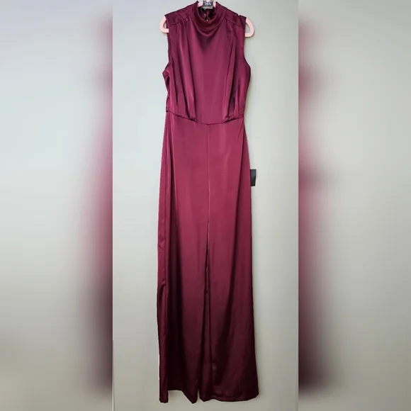 Lulus Classic Elegance Wine Red Satin Sleeveless Mock Neck Jumpsuit, Size Small - Picture 9 of 11